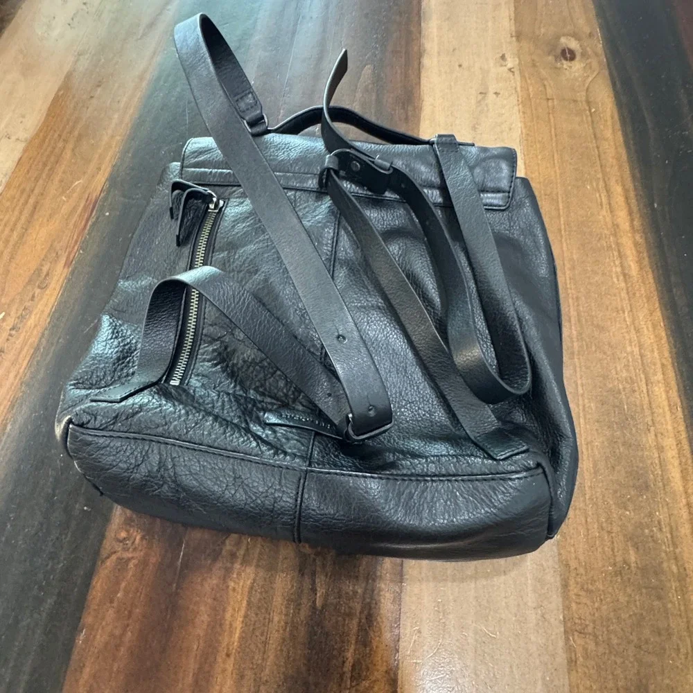 Lucky Brand Black Pebbled Leather Studded Flap Backpack Bag